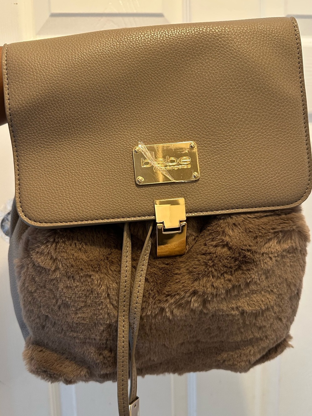 NWT BEBE Dorothea Faux Fur Backpack Taupe Y2K